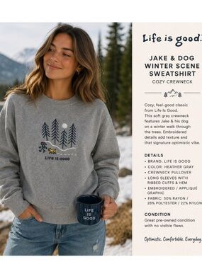 Life Is Good Gray Graphic Sweatshirt Jake & Dog Winter Scene Cozy Crewneck M
